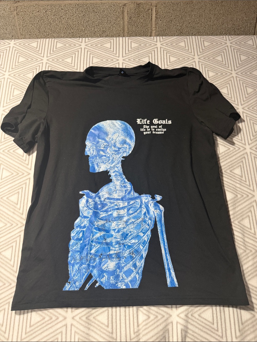 ROMWE Black Tee‎ with Blue Skeleton Graphic and Text